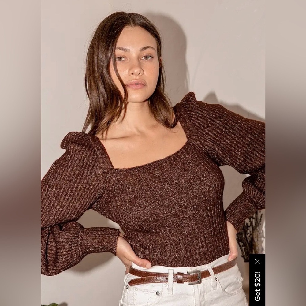 ✨FLASH SALE✨ Lulus Heather Brown Ribbed Balloon Sleeve Square Neck Sweater S